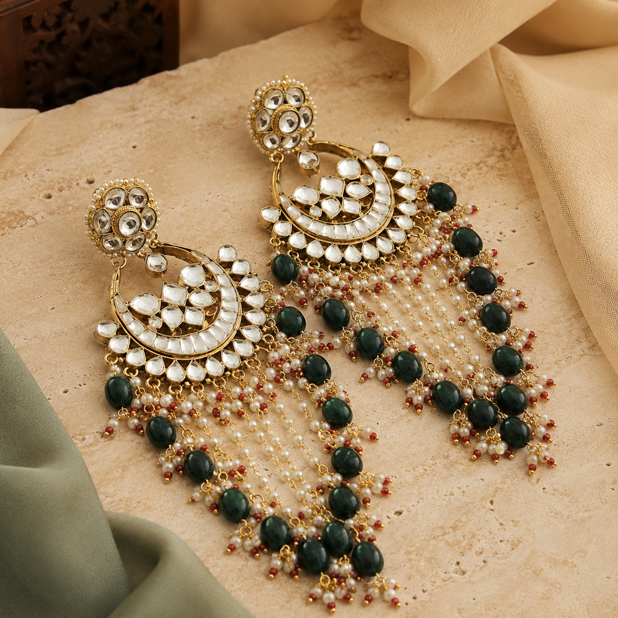 Emerald Green Kundan Chandbali Pearl Tassel Earrings