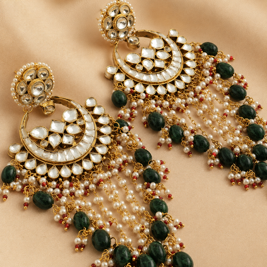 Emerald Green Kundan Chandbali Pearl Tassel Earrings