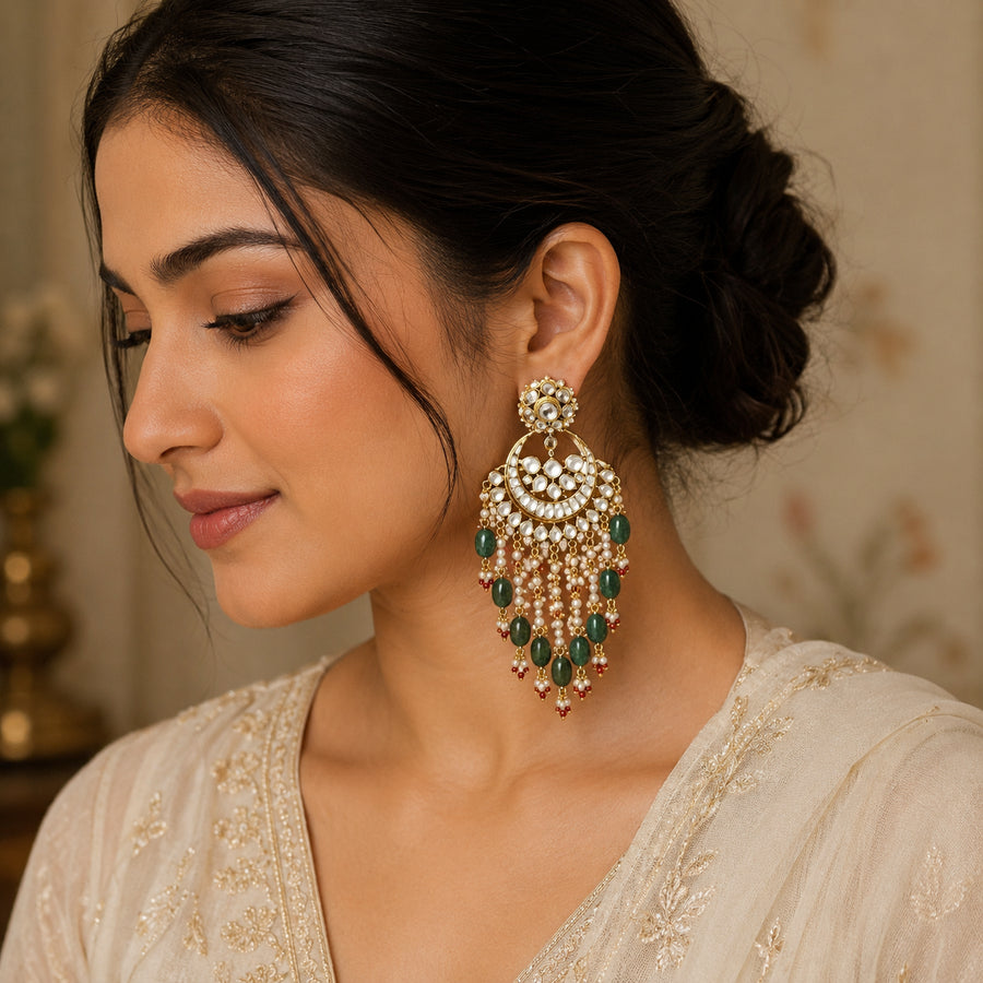 Emerald Green Kundan Chandbali Pearl Tassel Earrings