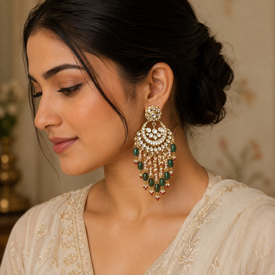 Emerald Green Kundan Chandbali Pearl Tassel Earrings