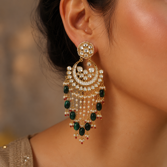 Emerald Green Kundan Chandbali Pearl Tassel Earrings