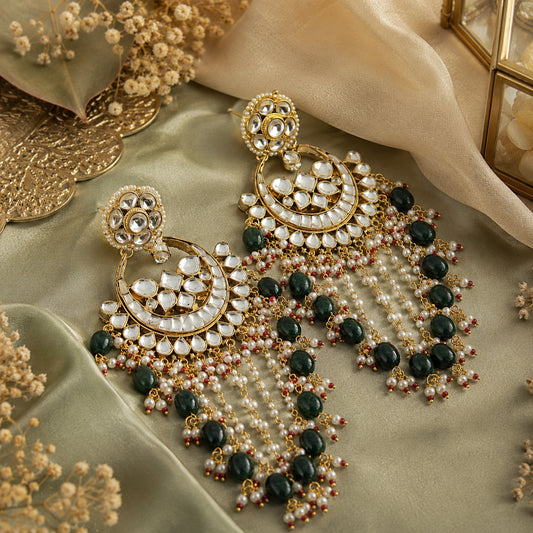 Emerald Green Kundan Chandbali Pearl Tassel Earrings