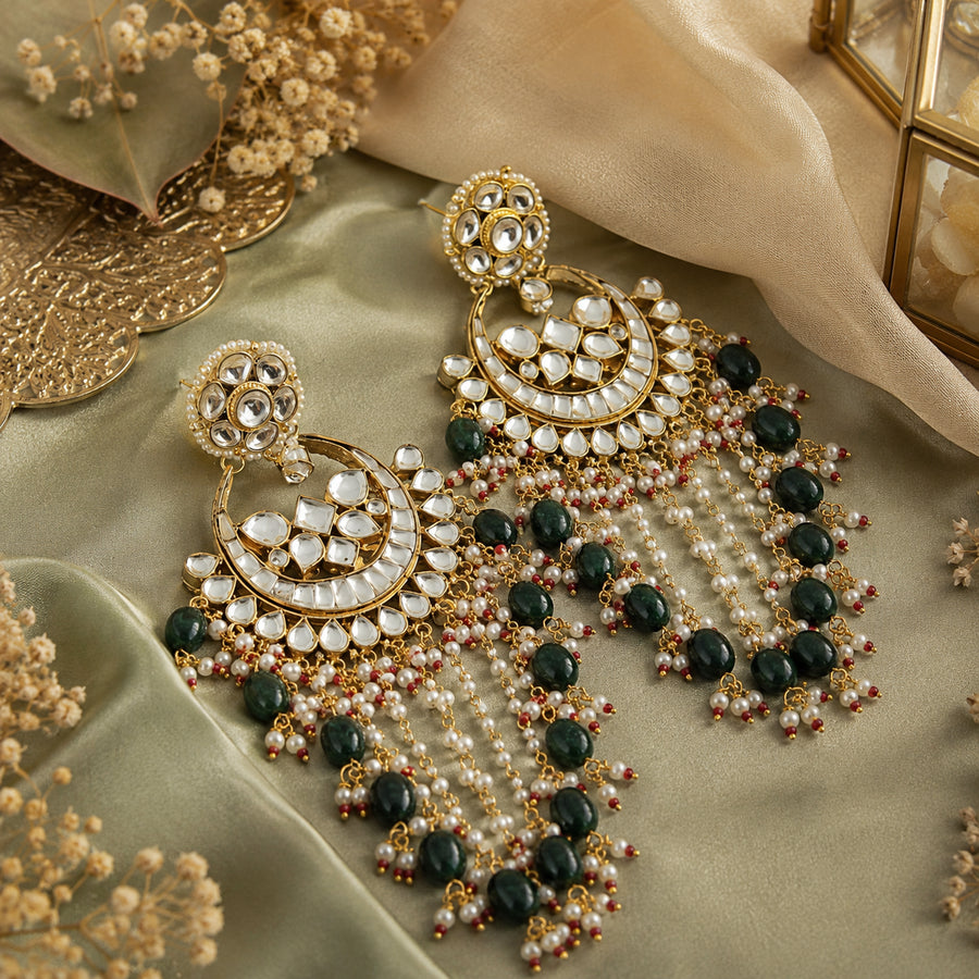 Emerald Green Kundan Chandbali Pearl Tassel Earrings