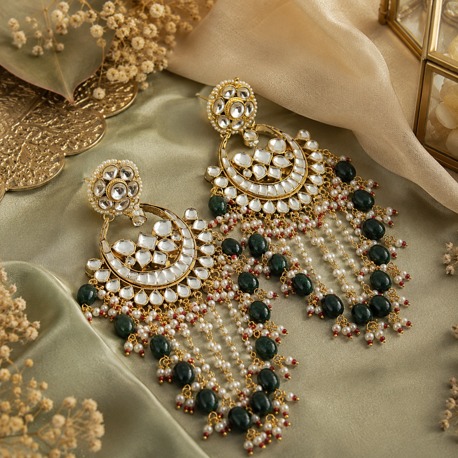 Emerald Green Kundan Chandbali Pearl Tassel Earrings