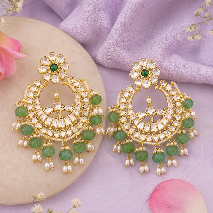 Bridal Green Polki Chandbali Earrings with Pearl Drops