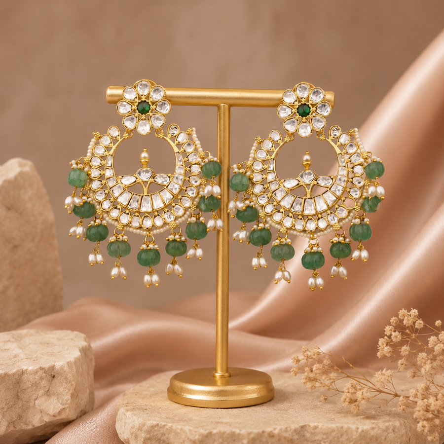 Bridal Green Polki Chandbali Earrings with Pearl Drops