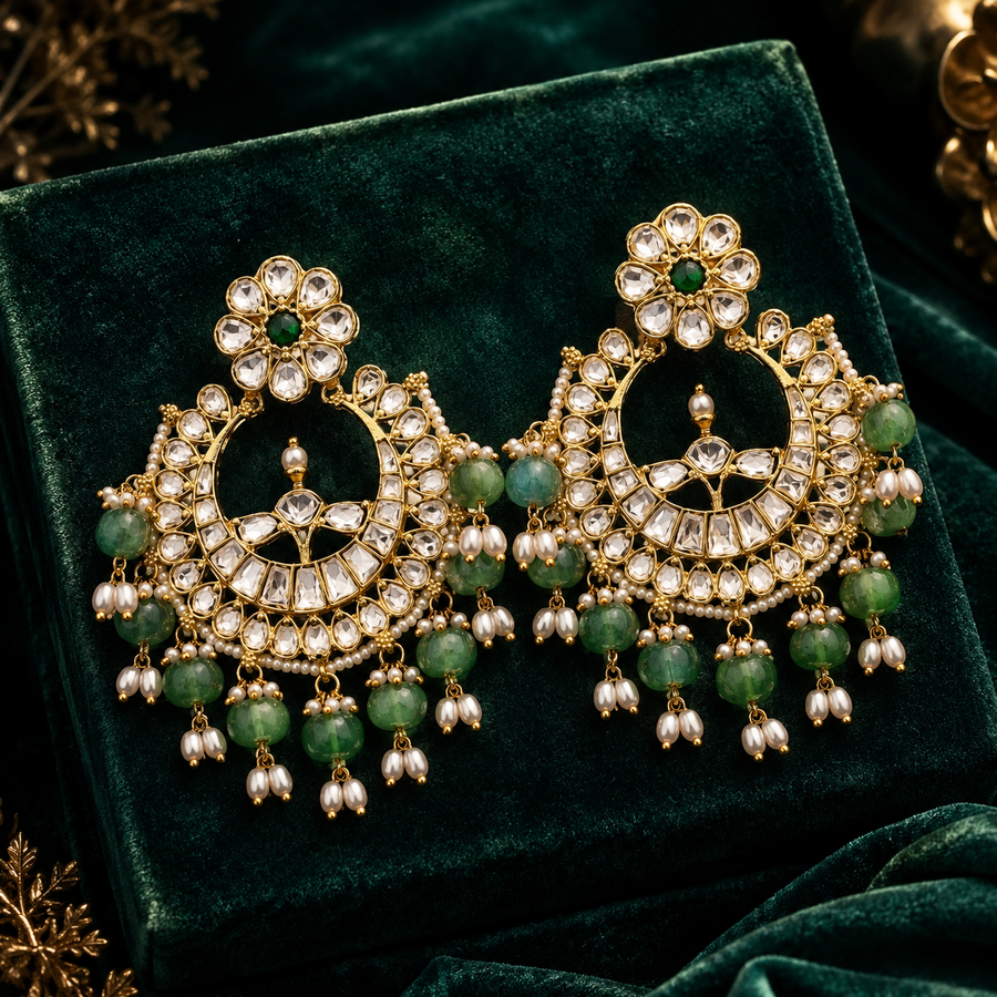 Bridal Green Polki Chandbali Earrings with Pearl Drops