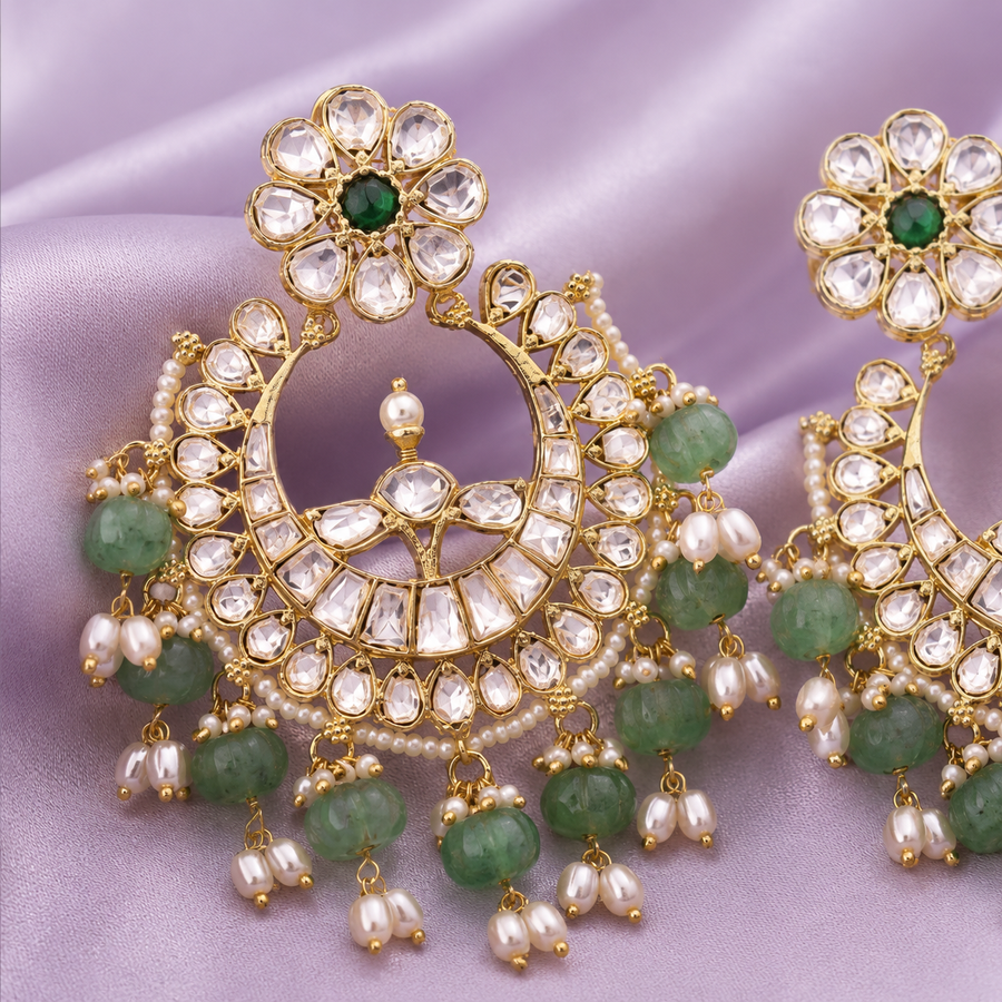 Bridal Green Polki Chandbali Earrings with Pearl Drops