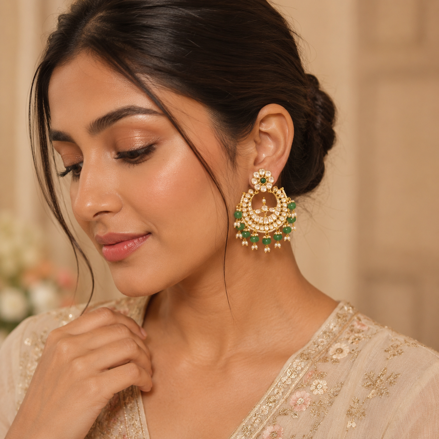 Bridal Green Polki Chandbali Earrings with Pearl Drops