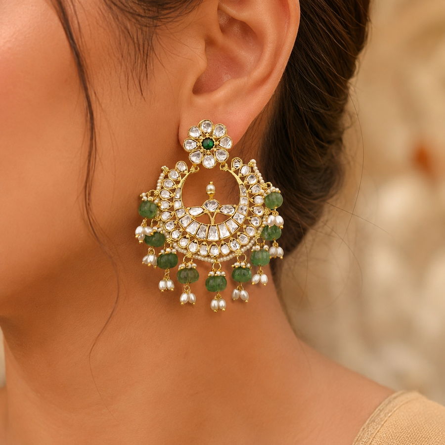 Bridal Green Polki Chandbali Earrings with Pearl Drops