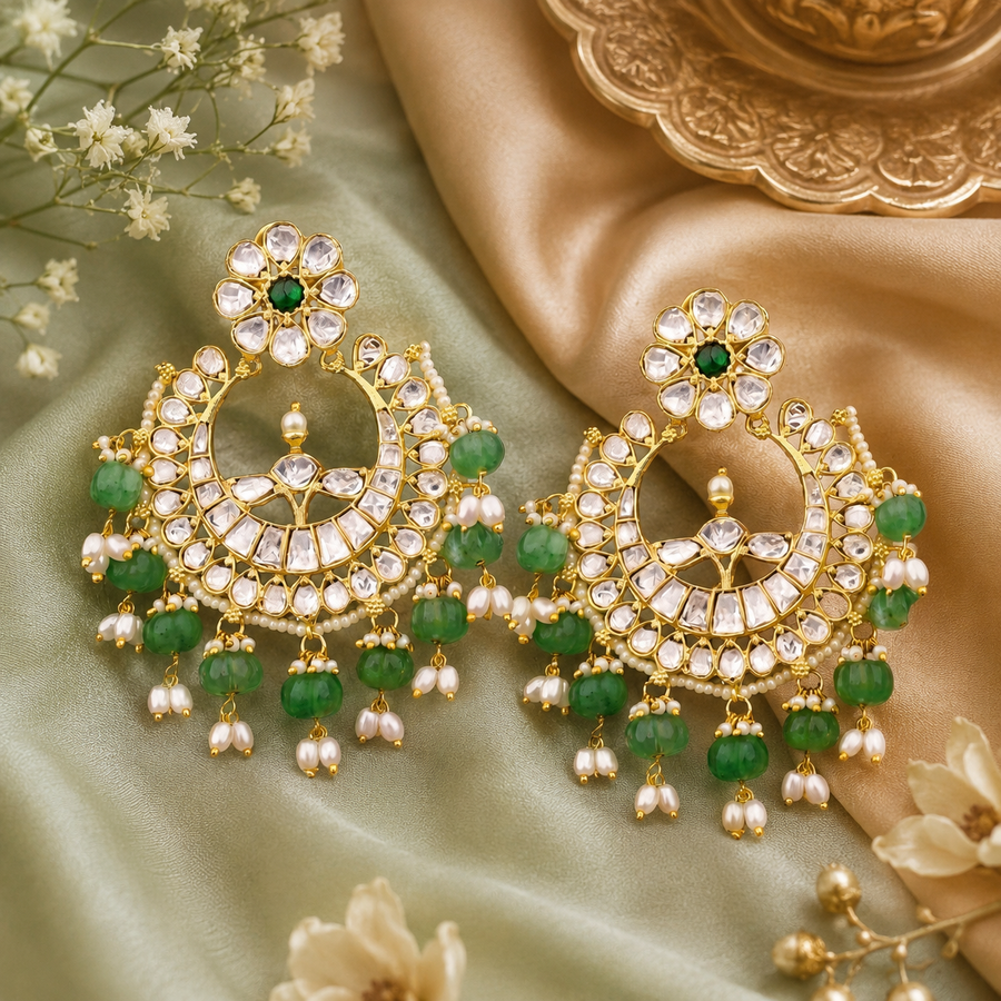 Bridal Green Polki Chandbali Earrings with Pearl Drops