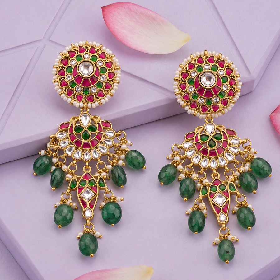 Pink and Green Jadau Kundan Chandelier Earrings with Bead Drops