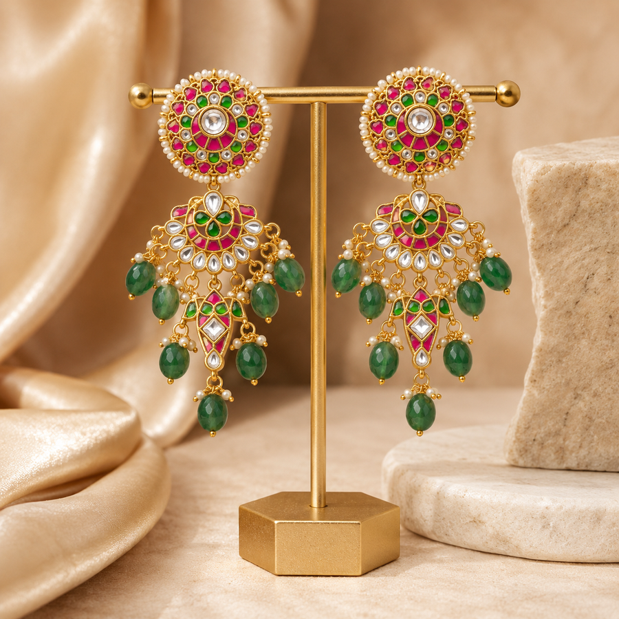 Pink and Green Jadau Kundan Chandelier Earrings with Bead Drops