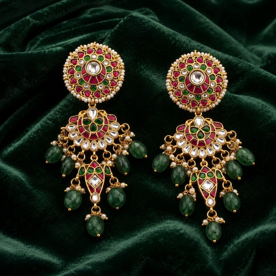 Pink and Green Jadau Kundan Chandelier Earrings with Bead Drops
