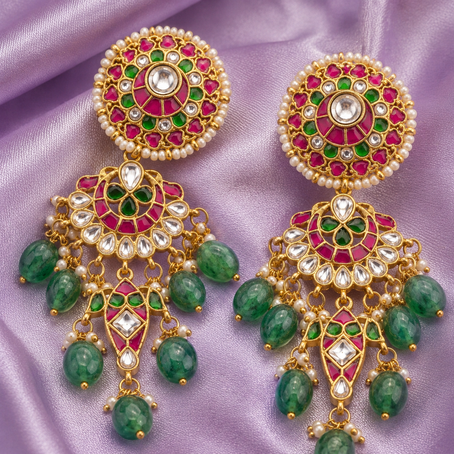 Pink and Green Jadau Kundan Chandelier Earrings with Bead Drops