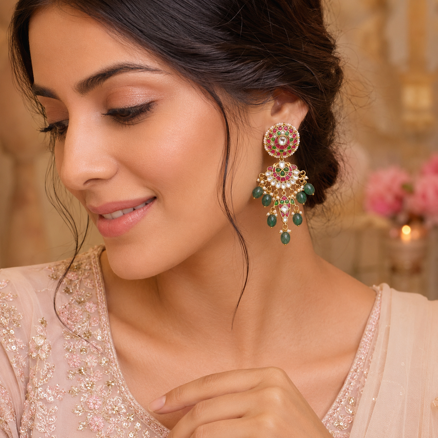 Pink and Green Jadau Kundan Chandelier Earrings with Bead Drops
