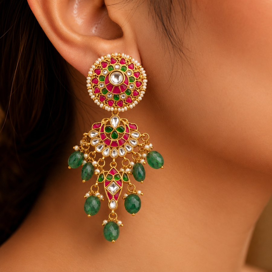 Pink and Green Jadau Kundan Chandelier Earrings with Bead Drops