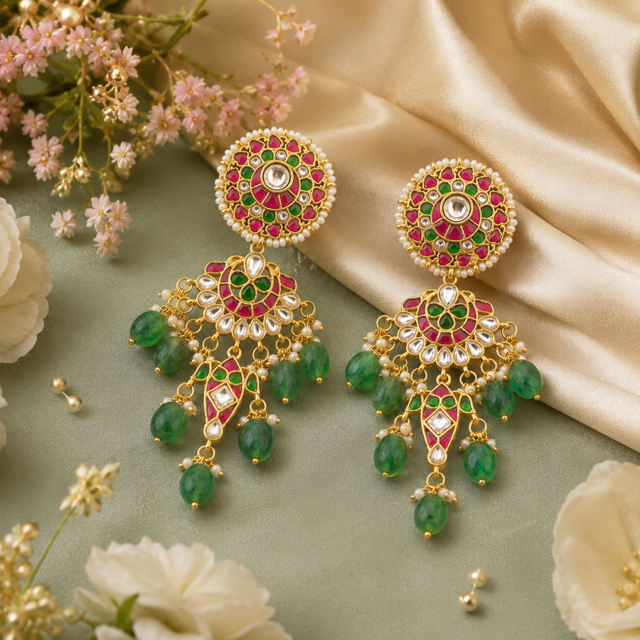 Pink and Green Jadau Kundan Chandelier Earrings with Bead Drops