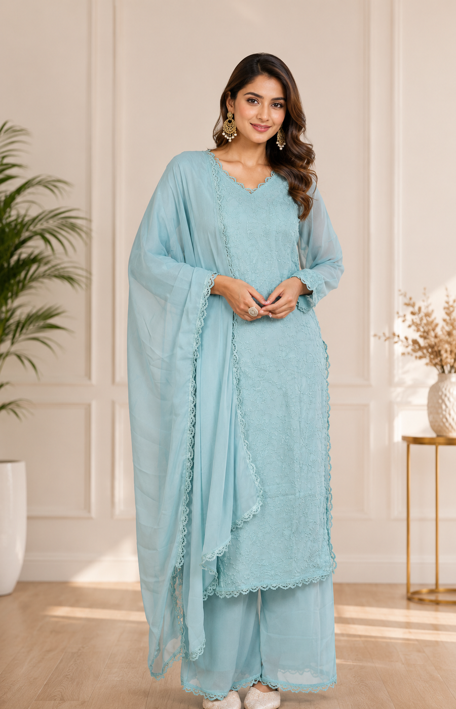 Trendy Aqua Blue Chikankari Georgette Kurti Set with Dupatta