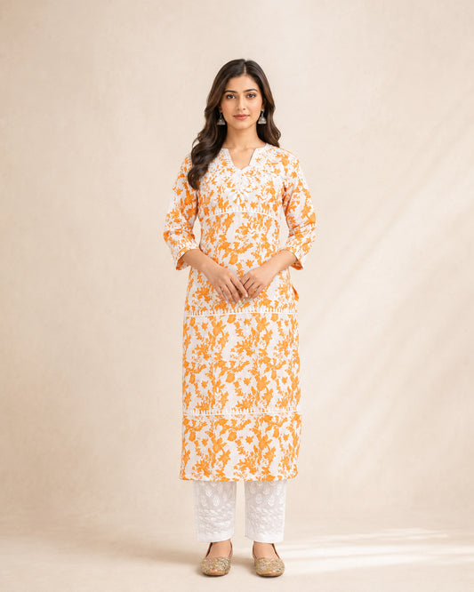 Pure Cotton Chikankari Kurta Pant Set for Women | Orange & White Printed Dailywear Ethnic Set