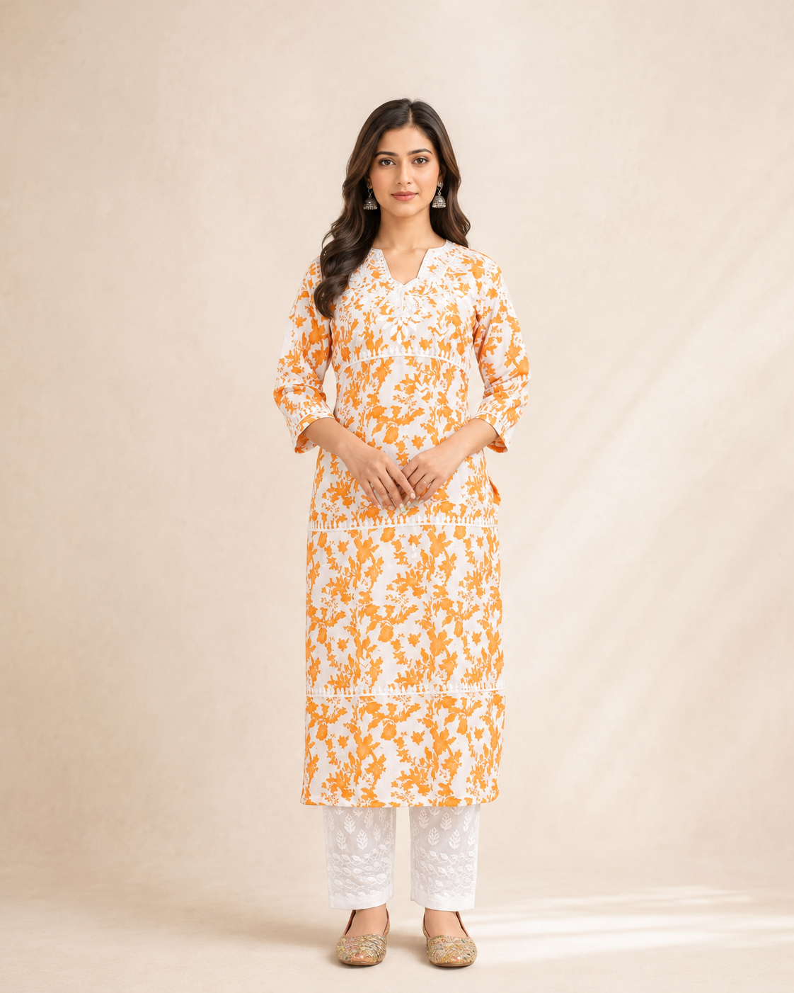 Pure Cotton Chikankari Kurta Pant Set for Women | Orange & White Printed Dailywear Ethnic Set