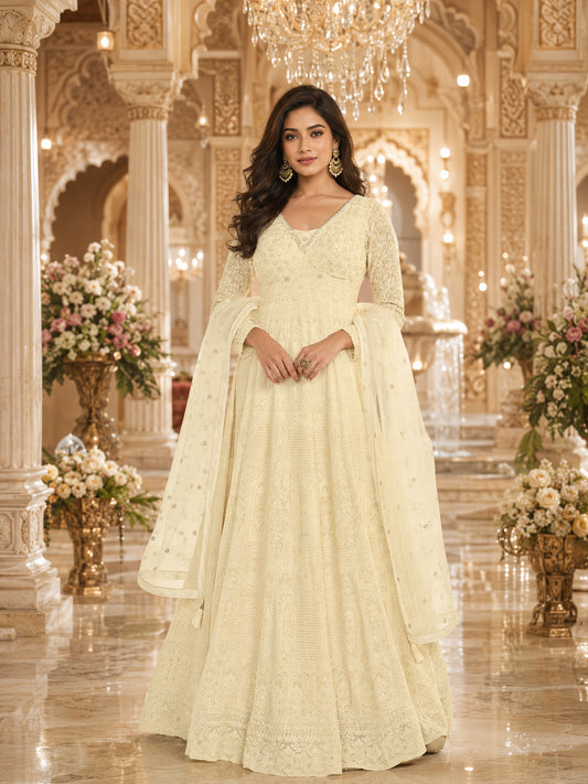 Royal Cream Lucknowi Chikankari Designer Gown with Embroidered Dupatta