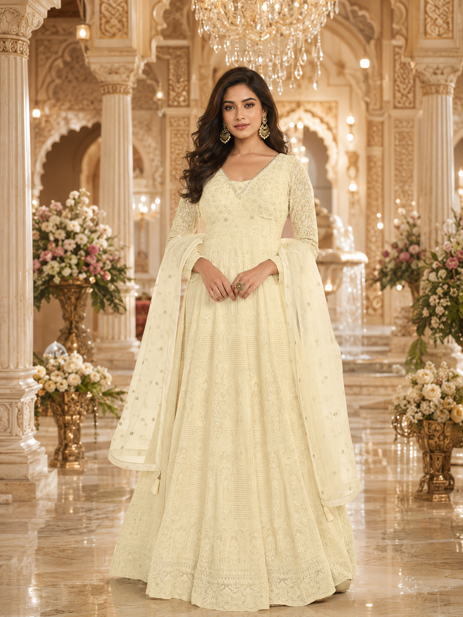 Royal Cream Lucknowi Chikankari Designer Gown with Embroidered Dupatta
