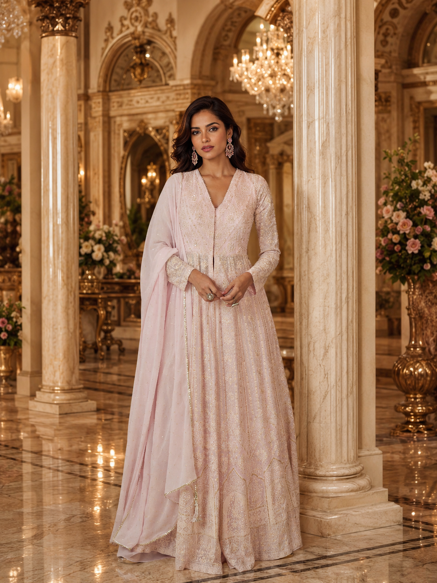 Blush Pink Lucknowi Chikankari Embroidered Georgette Anarkali Kurta Set with Palazzo & Dupatta