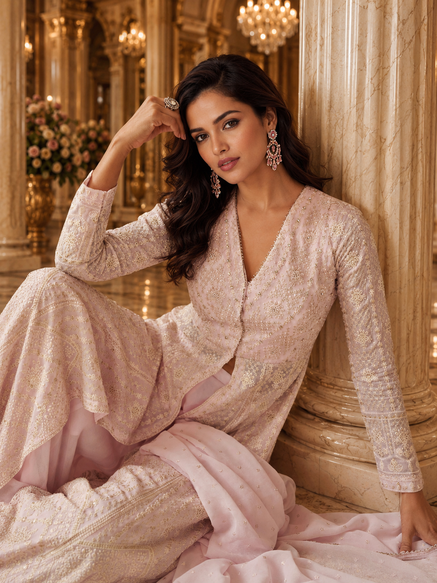 Blush Pink Lucknowi Chikankari Embroidered Georgette Anarkali Kurta Set with Palazzo & Dupatta
