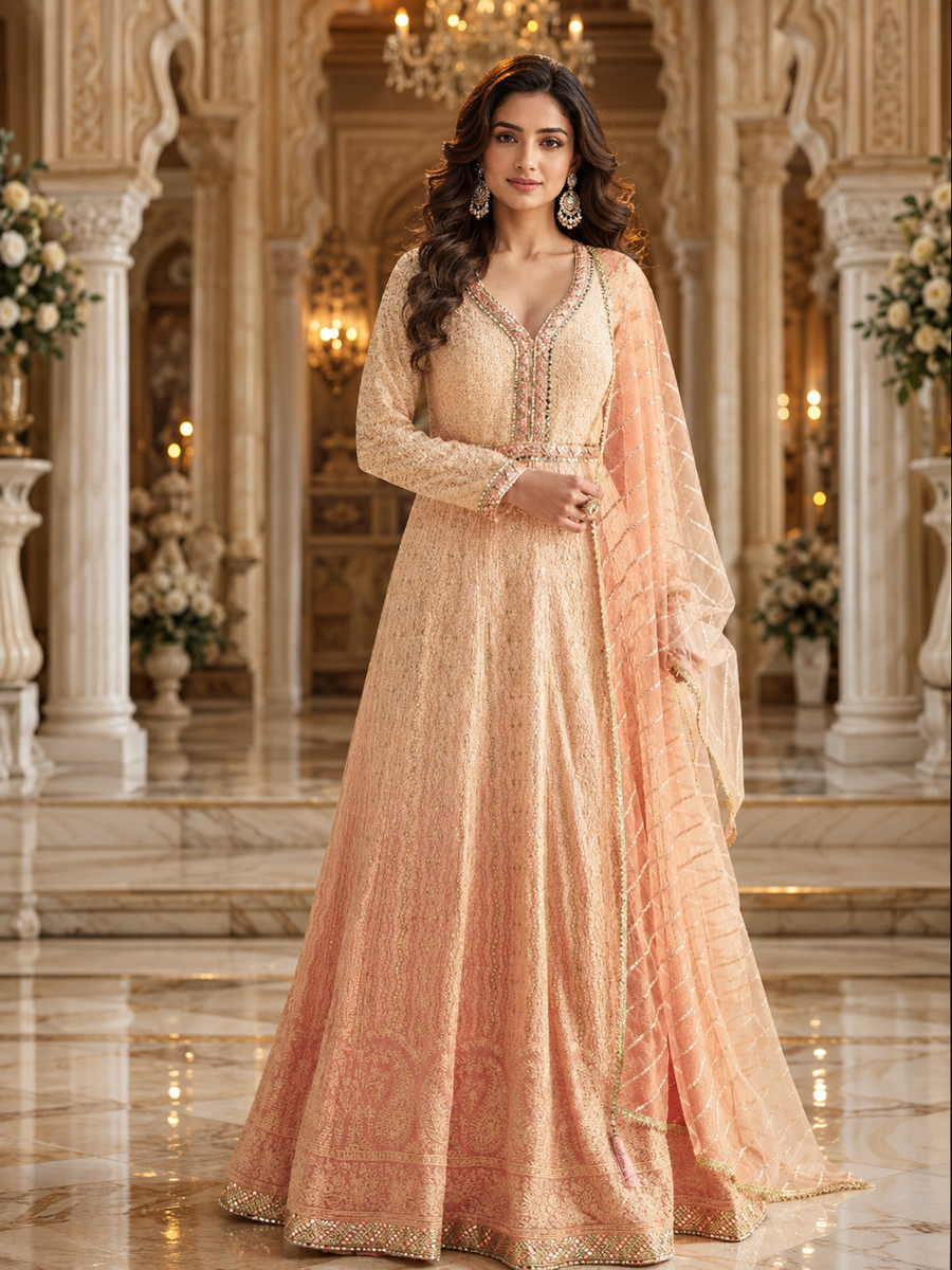 Peach Blossom Real Georgette Chikankari Anarkali Suit with Embroidered Dupatta