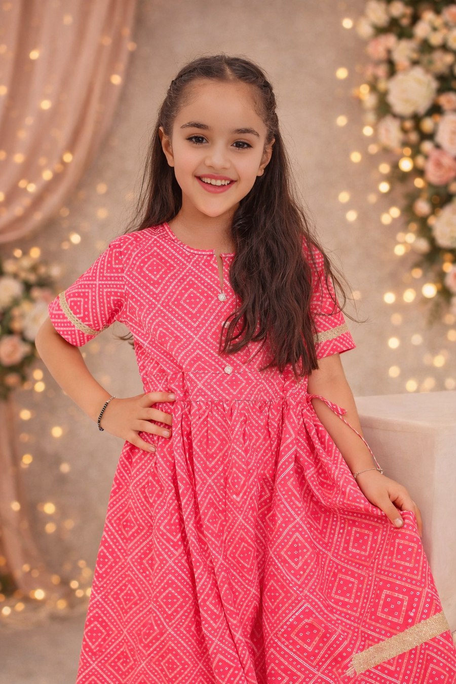 Girls Pink Bandhej Print Ankle Length Gota Dress with Tassels (1 Piece)