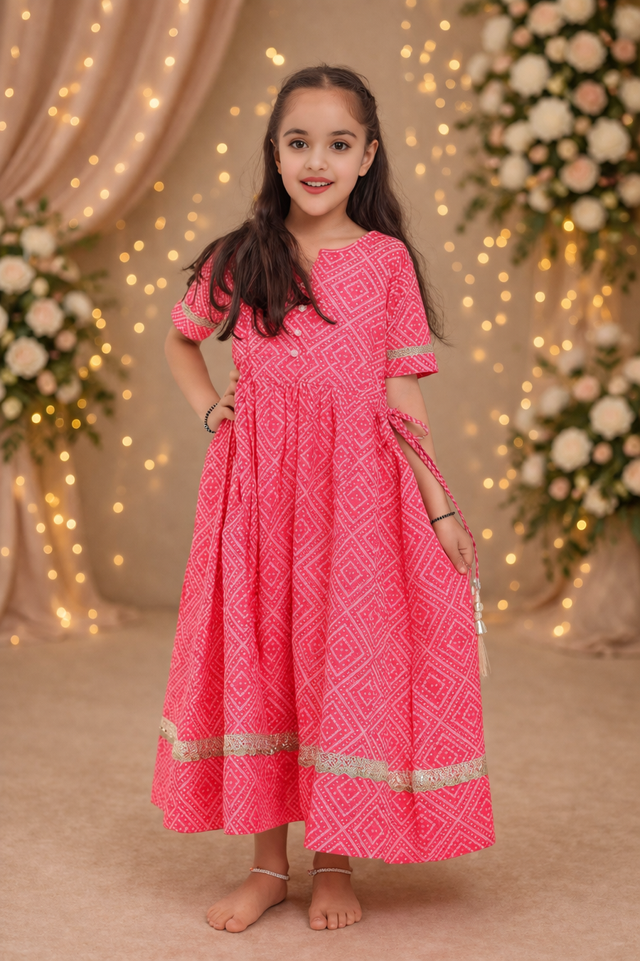 Girls Pink Bandhej Print Ankle Length Gota Dress with Tassels (1 Piece)
