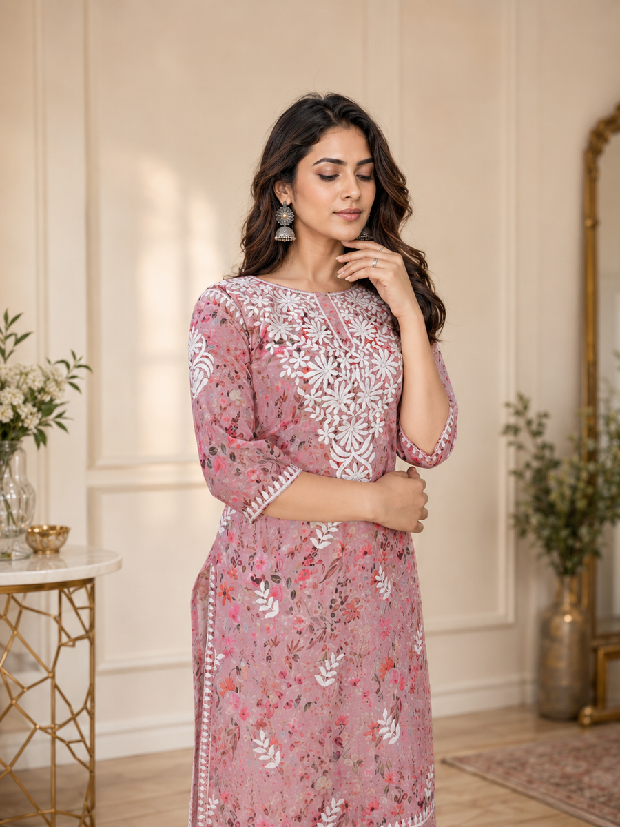 Old Rose Cotton Chikankari Kurta Set with White Palazzo