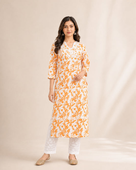 Pure Cotton Chikankari Kurta Pant Set for Women | Orange & White Printed Dailywear Ethnic Set