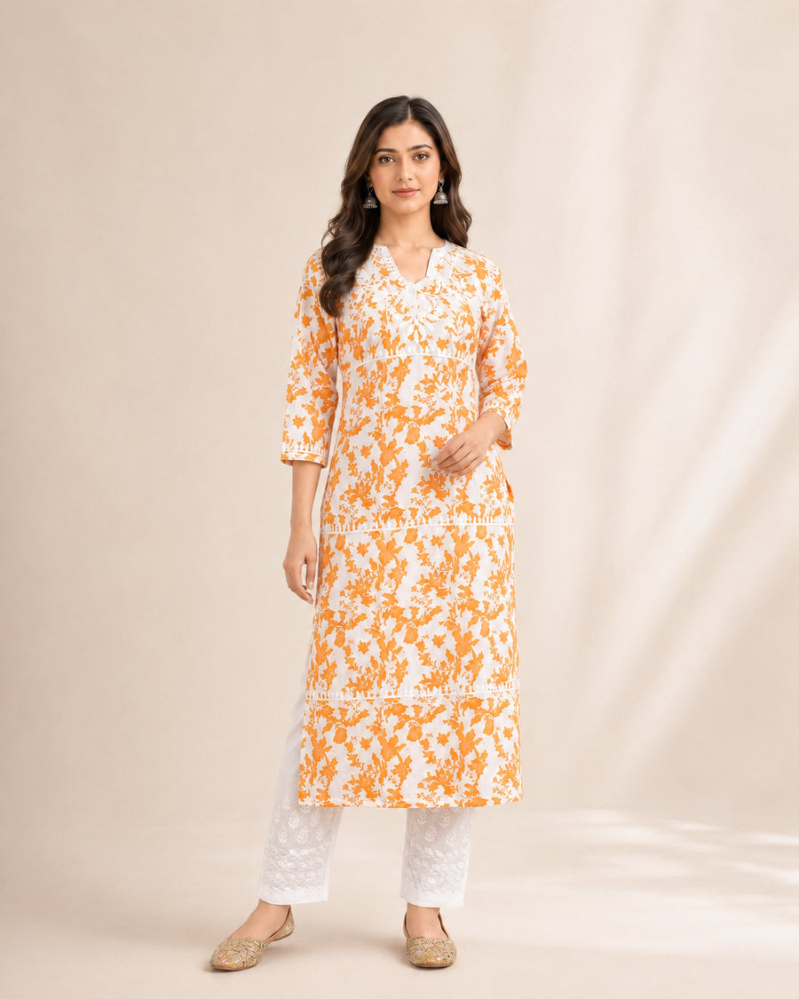 Pure Cotton Chikankari Kurta Pant Set for Women | Orange & White Printed Dailywear Ethnic Set