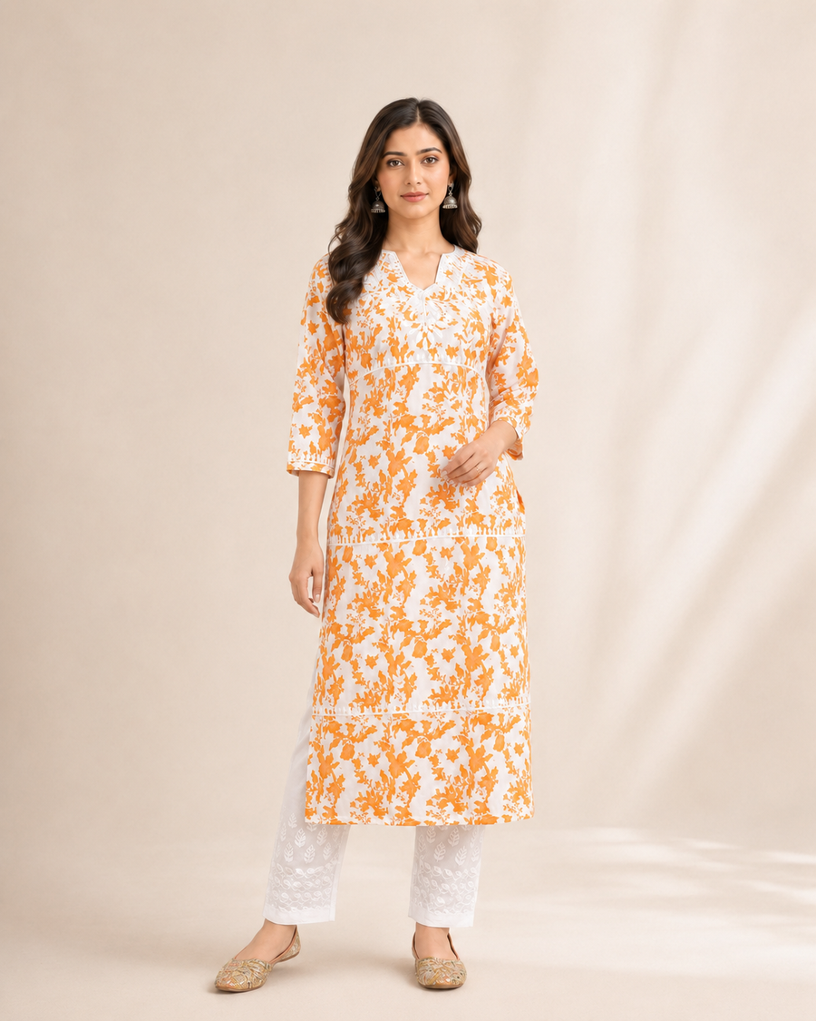 Pure Cotton Chikankari Kurta Pant Set for Women | Orange & White Printed Dailywear Ethnic Set