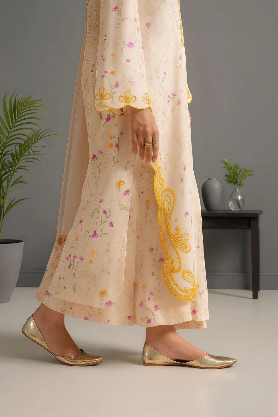 Golden Flora 3-Piece Stitched Suit Khaddar