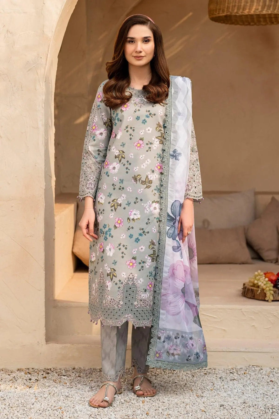 Sage Cinder – Embroidered Cutwork Floral Lawn 3-Piece Festive Suit - Pehnaawaa