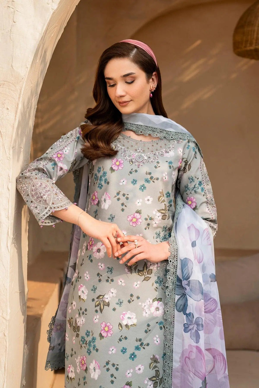 Sage Cinder – Embroidered Cutwork Floral Lawn 3-Piece Festive Suit - Pehnaawaa