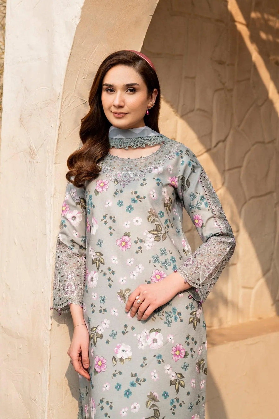 Sage Cinder – Embroidered Cutwork Floral Lawn 3-Piece Festive Suit - Pehnaawaa