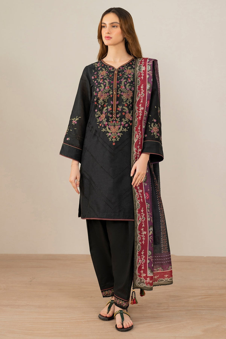 Black Embroidered Lawn Suit with Dyed Cambric Trousers and Cotton Silk Dupatta