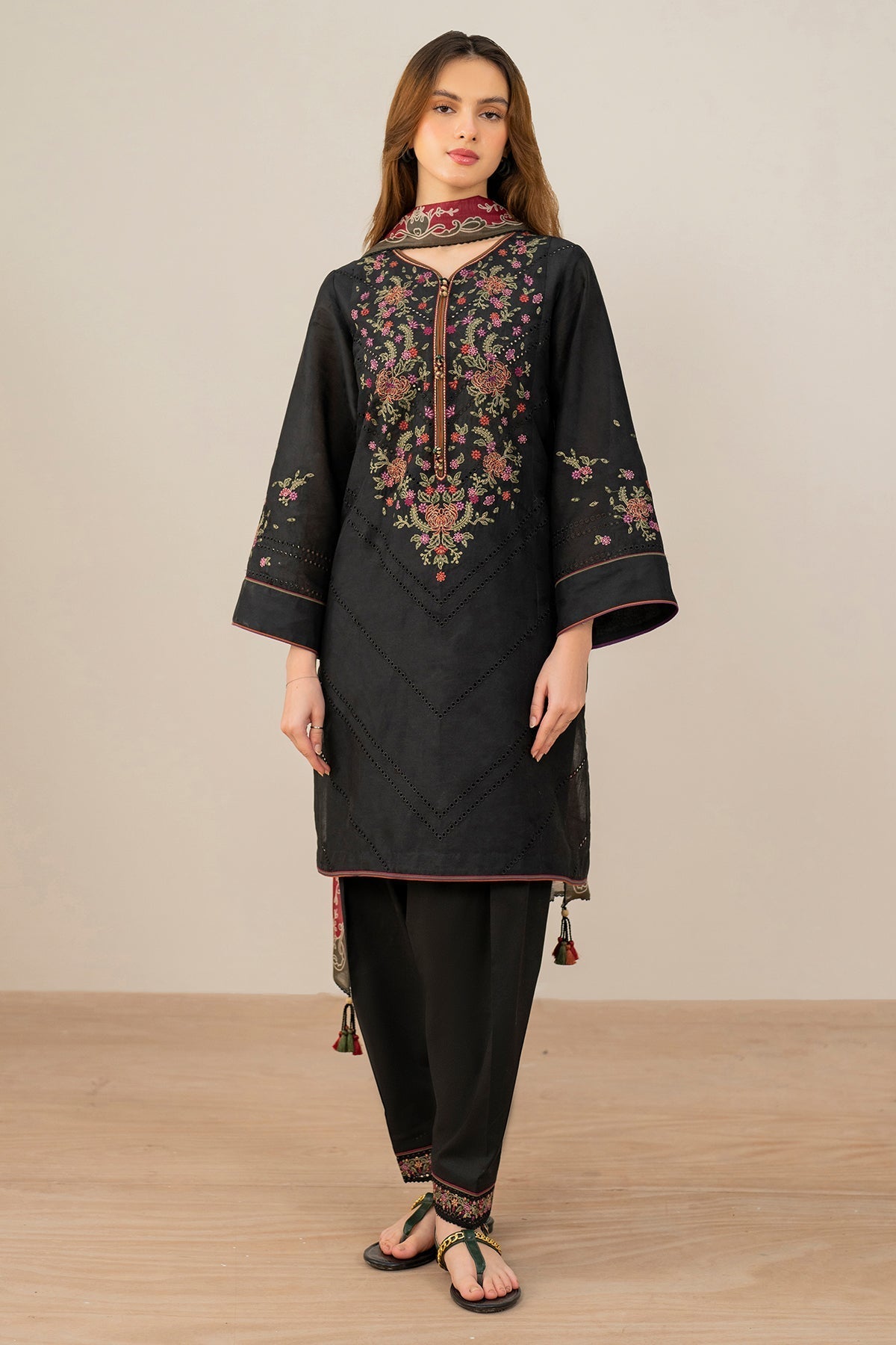 Black Embroidered Lawn Suit with Dyed Cambric Trousers and Cotton Silk Dupatta
