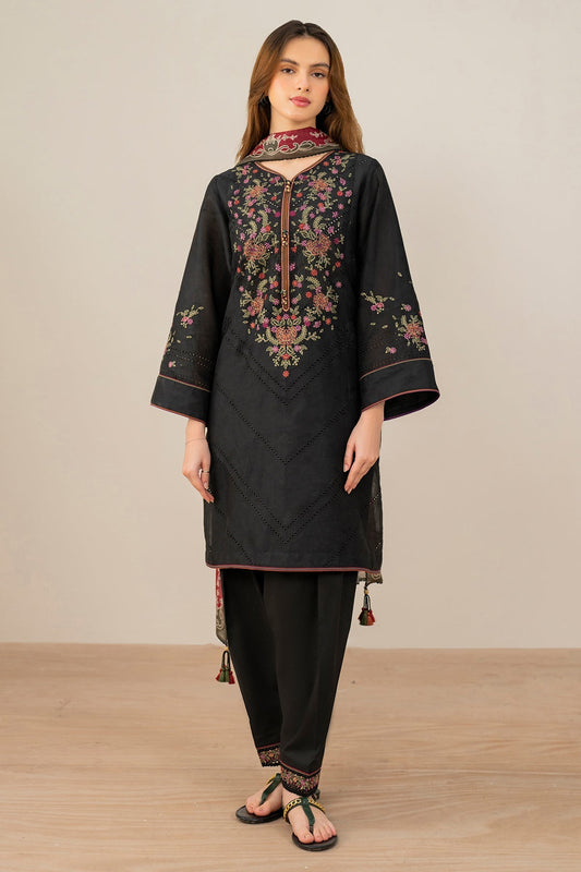 Black Embroidered Lawn Suit with Dyed Cambric Trousers and Cotton Silk Dupatta