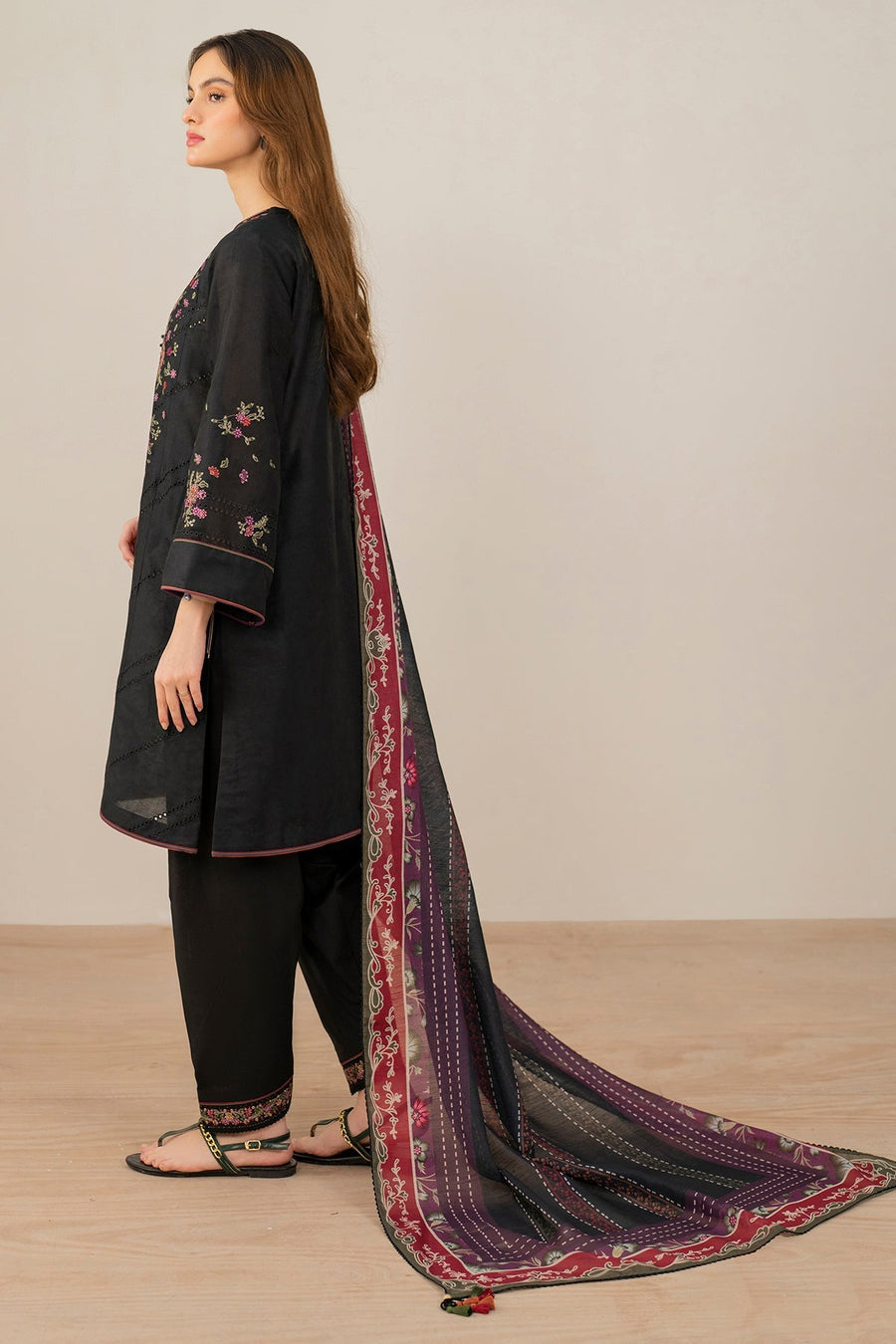 Black Embroidered Lawn Suit with Dyed Cambric Trousers and Cotton Silk Dupatta