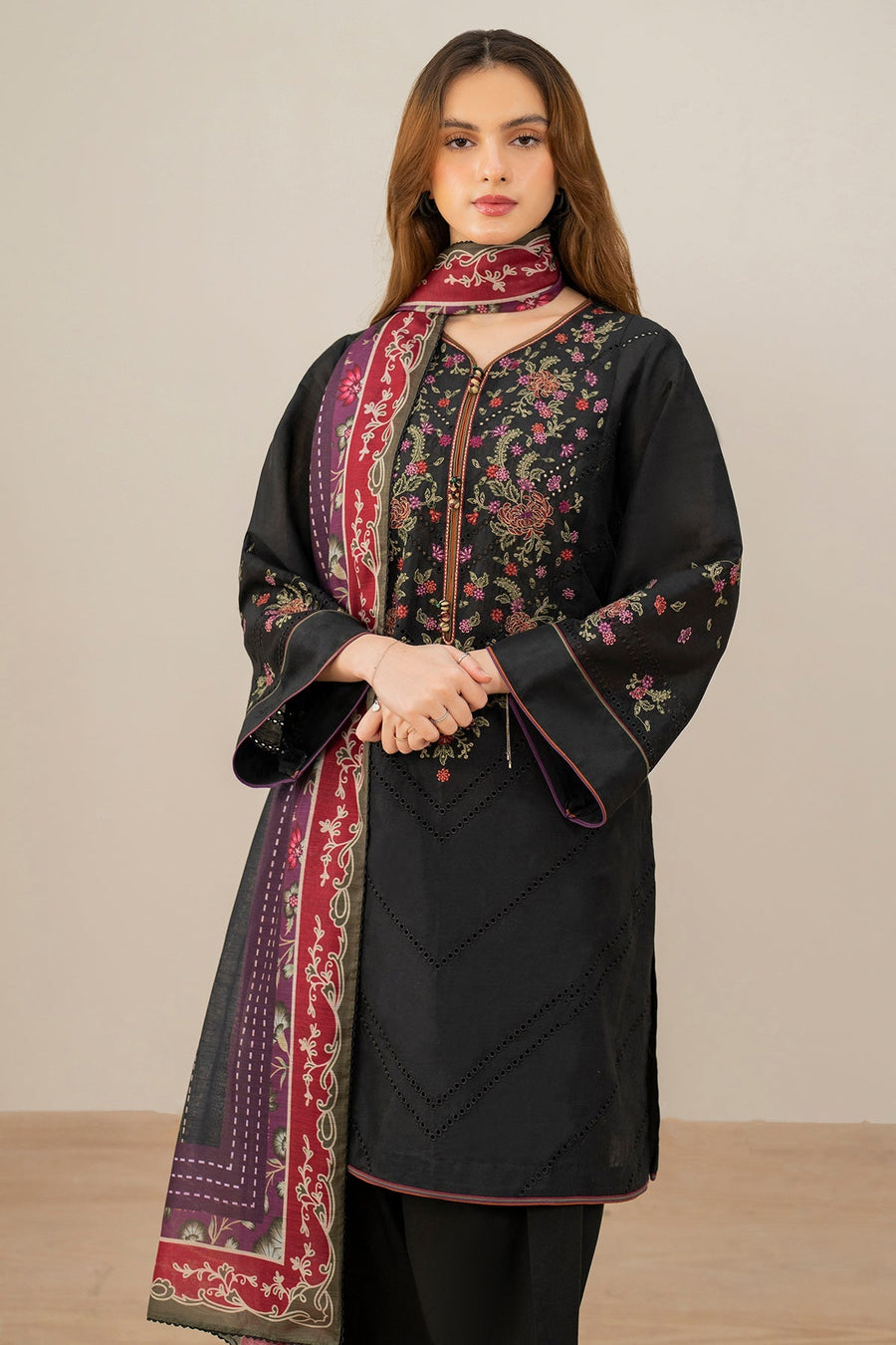 Black Embroidered Lawn Suit with Dyed Cambric Trousers and Cotton Silk Dupatta