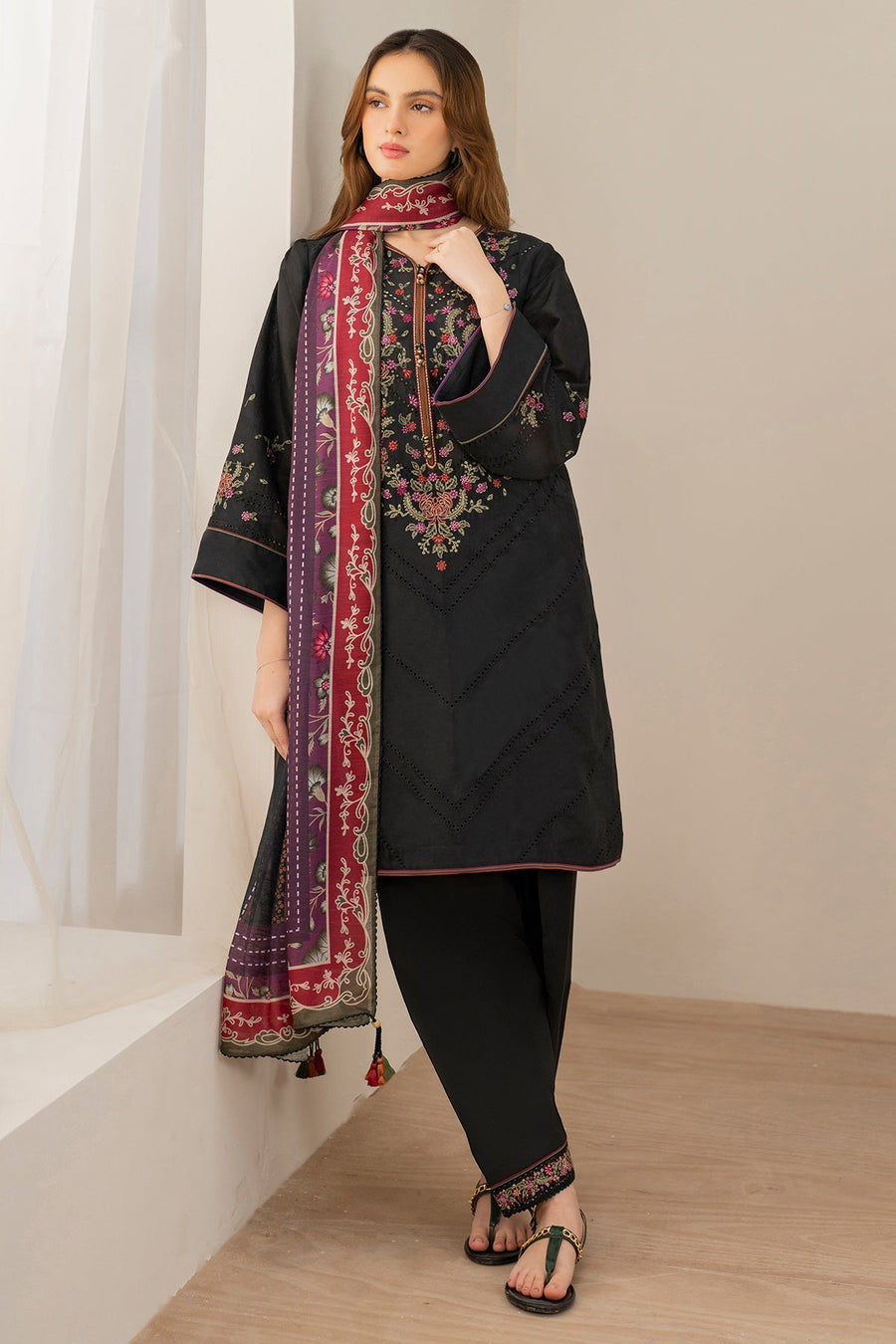 Black Embroidered Lawn Suit with Dyed Cambric Trousers and Cotton Silk Dupatta