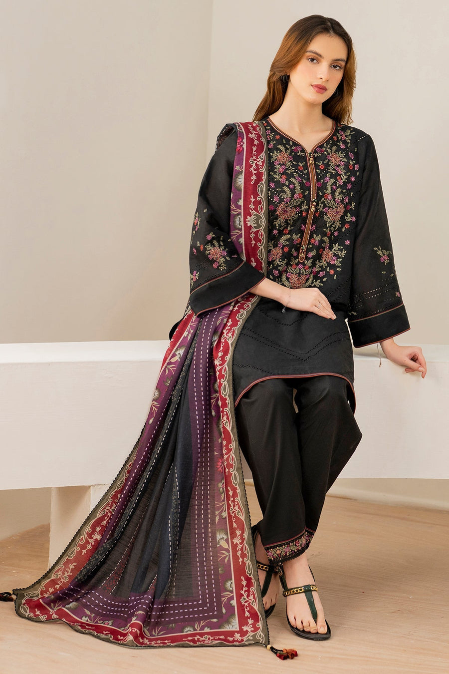 Black Embroidered Lawn Suit with Dyed Cambric Trousers and Cotton Silk Dupatta