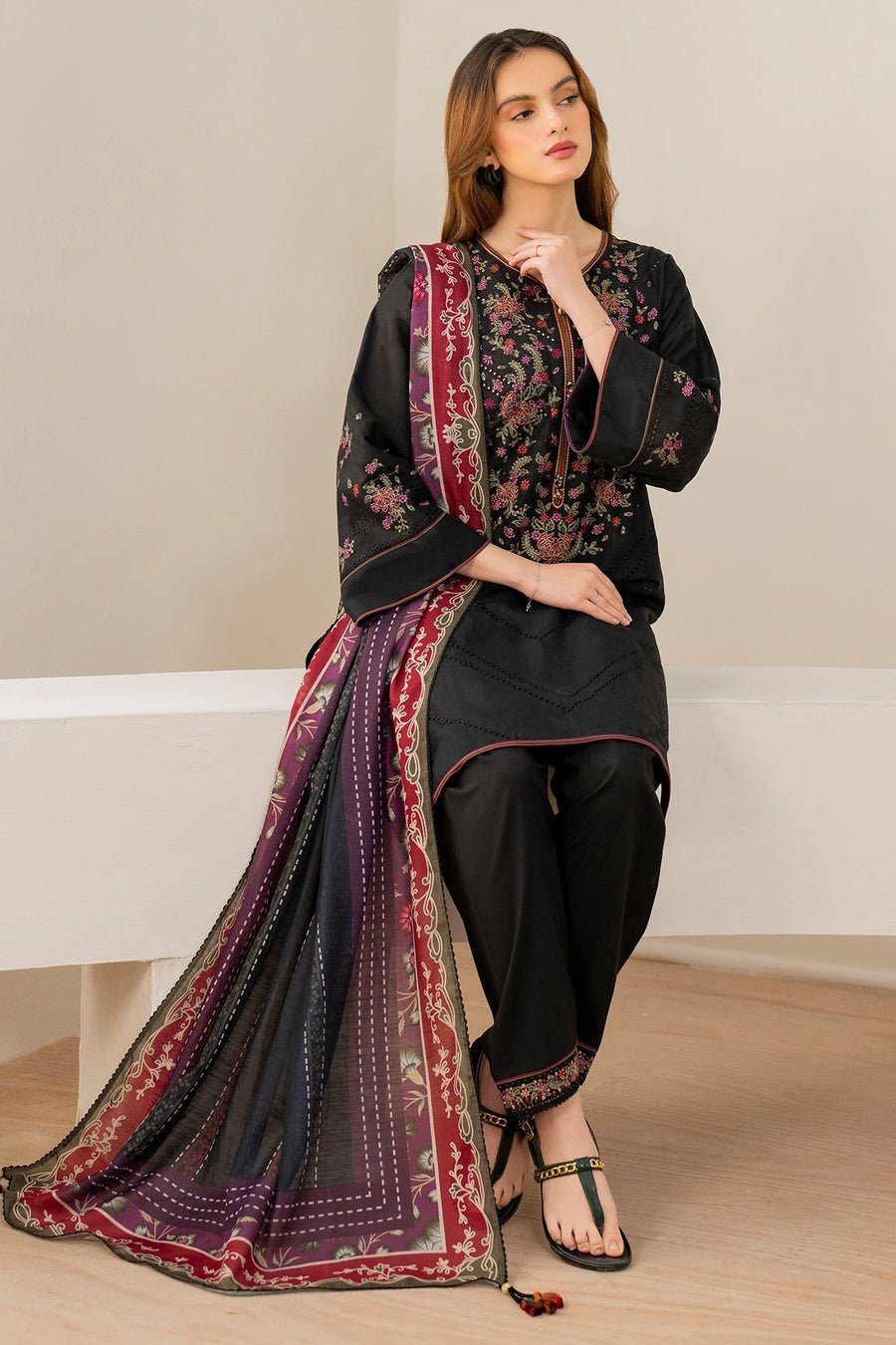 Black Embroidered Lawn Suit with Dyed Cambric Trousers and Cotton Silk Dupatta