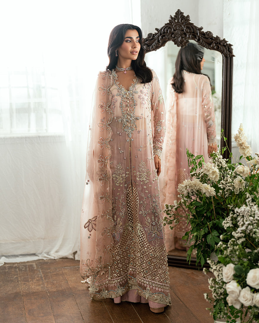 Woman wearing floor-length blush pink chiffon dress with intricate hand embroidery and pearl embellishments standing beside ornate mirror