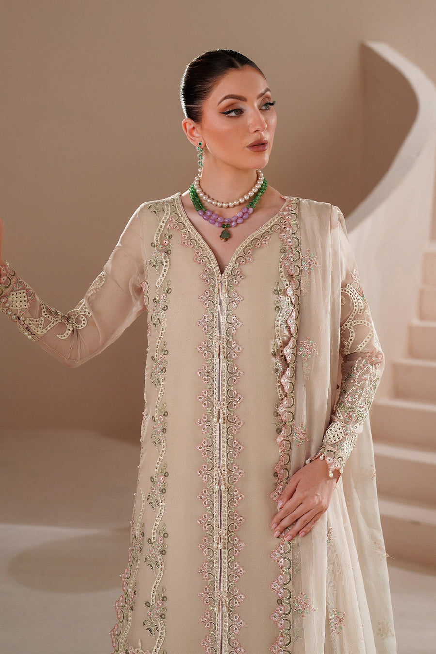 Front close-up highlighting detailed embroidery and pearl accents on chiffon dress